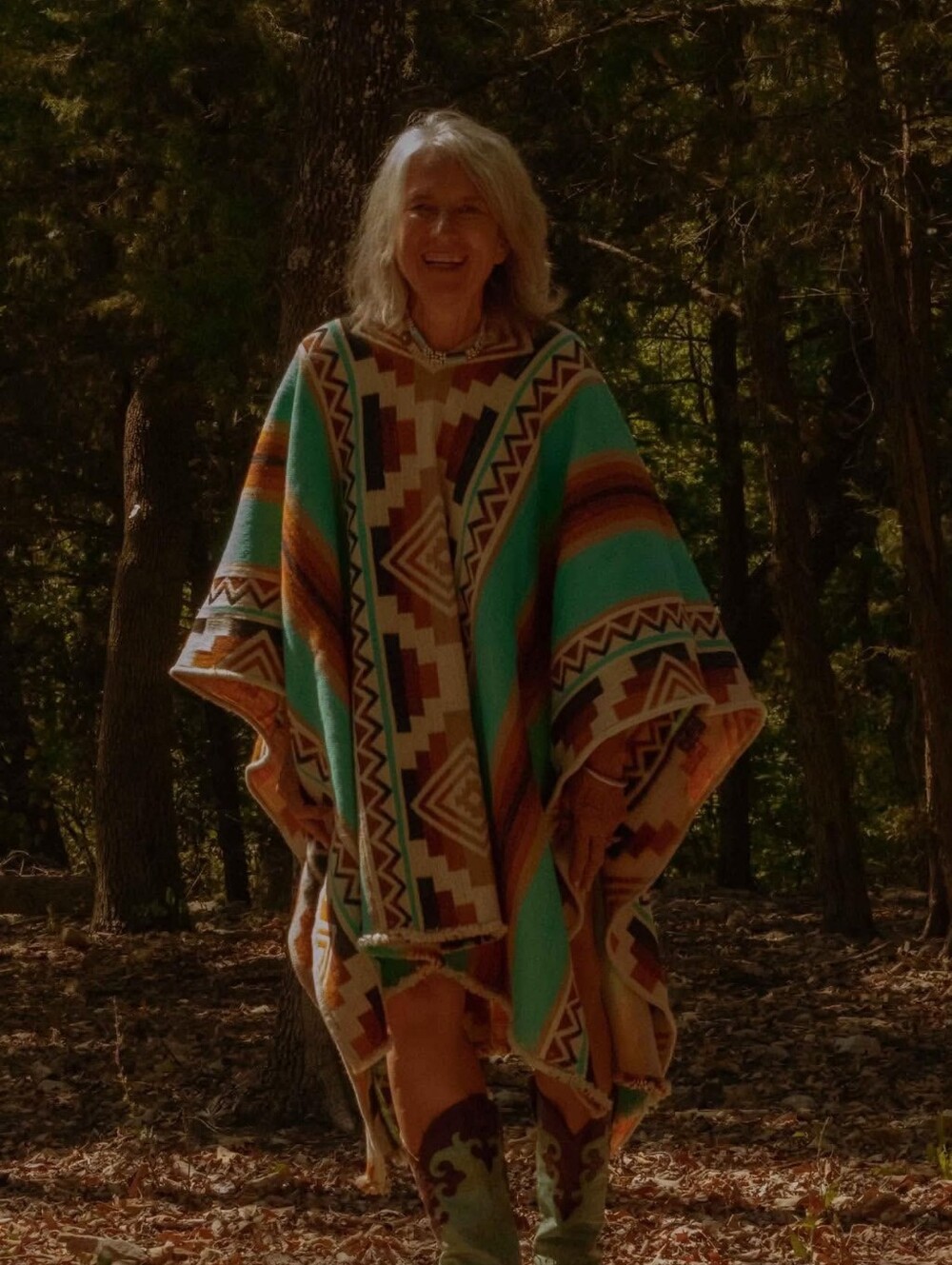 Turquoise & Tan Aztec Hooded Poncho - Bohemian Home Accent - 1617
